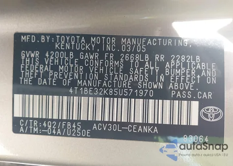 2005 Toyota Camry Le from USA, damaged, VIN 4T1BE32K85U571970